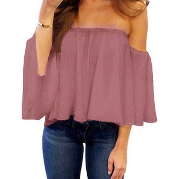 BlueTime Chiffon Ruffled Pink Off Shoulder Top - Picture 1 of 4